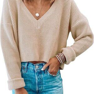 Womens V Neck Waffle Knit Cropped Top Long Sleeve Pullover Crop Sweater